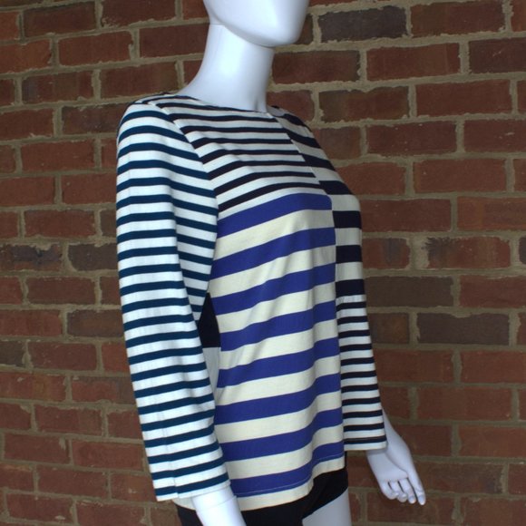 J. Crew | Patchwork Striped 3/4 Sleeve Shirt | Blue-White-Cream | F1456 | Size M - Picture 3 of 11